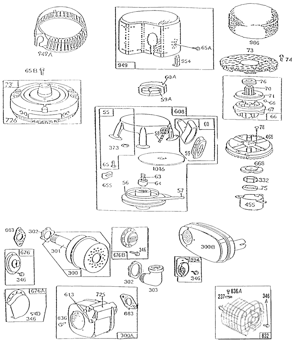 Mufflers,rewind,flywheels Diagram and Parts List for  Briggs and Stratton Engine